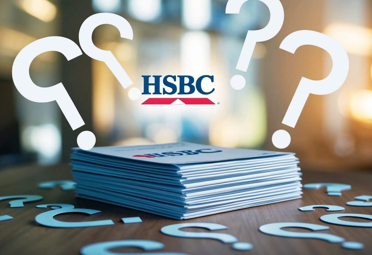 A stack of promotional materials with the HSBC logo, surrounded by question marks