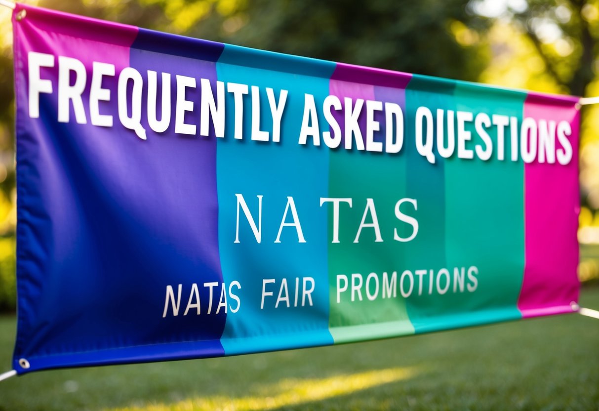 A colorful banner with the words "Frequently Asked Questions" and "natas fair promotions" displayed prominently