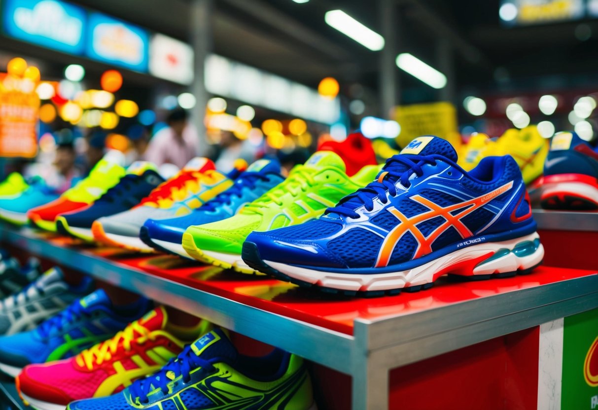 A display of colorful running shoes on sale in a bustling Singapore market