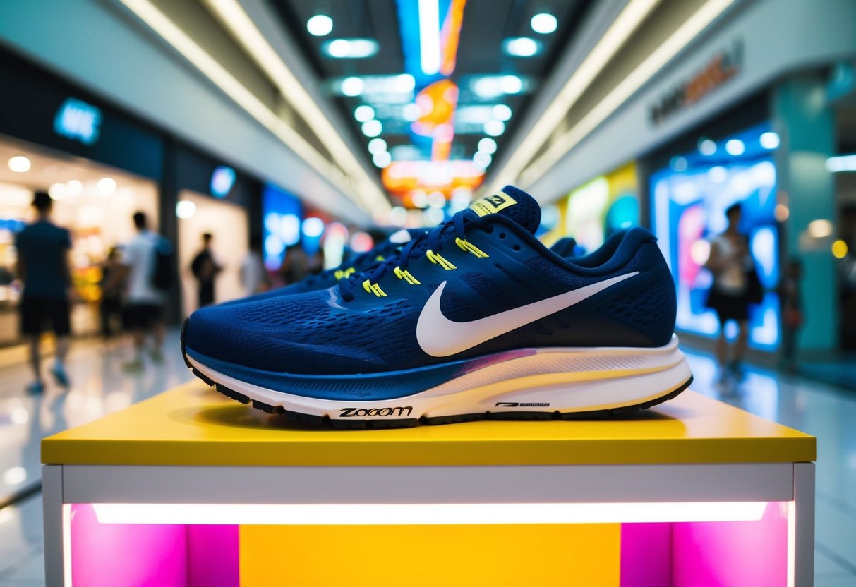 A pair of Nike Air Zoom Pegasus 41 running shoes being showcased on a vibrant display in a busy Singapore shopping mall