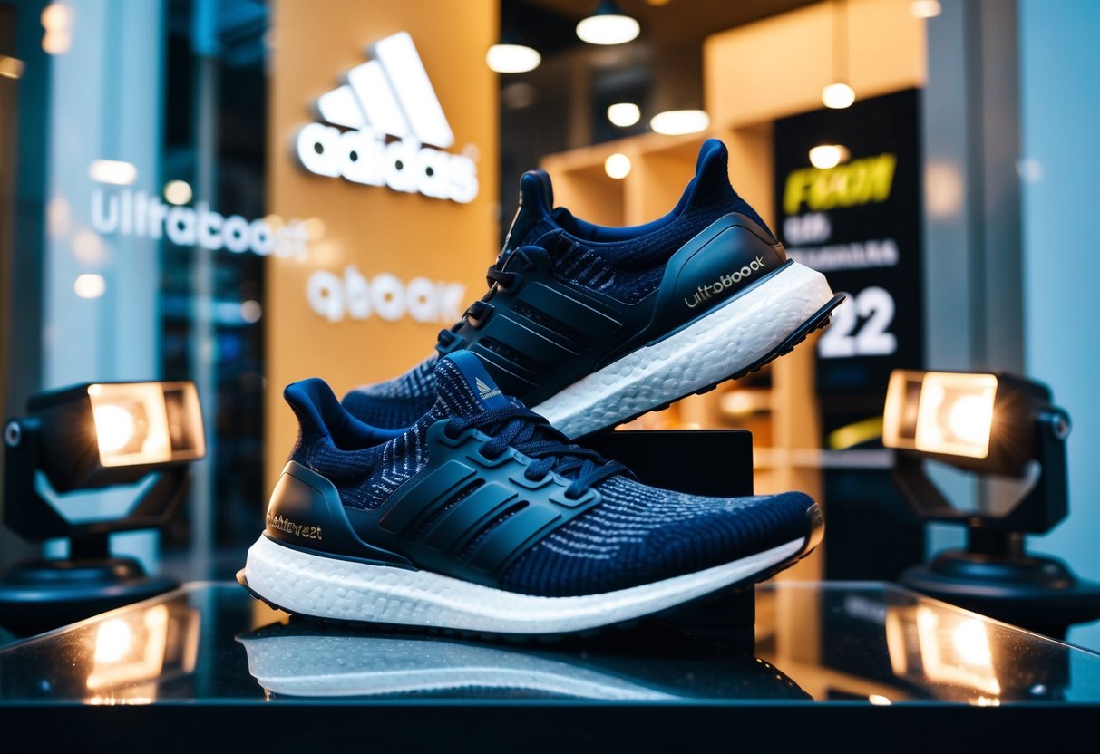 A pair of Adidas Ultraboost 22 running shoes is displayed prominently in a Singapore store window, surrounded by promotional signage and spotlights