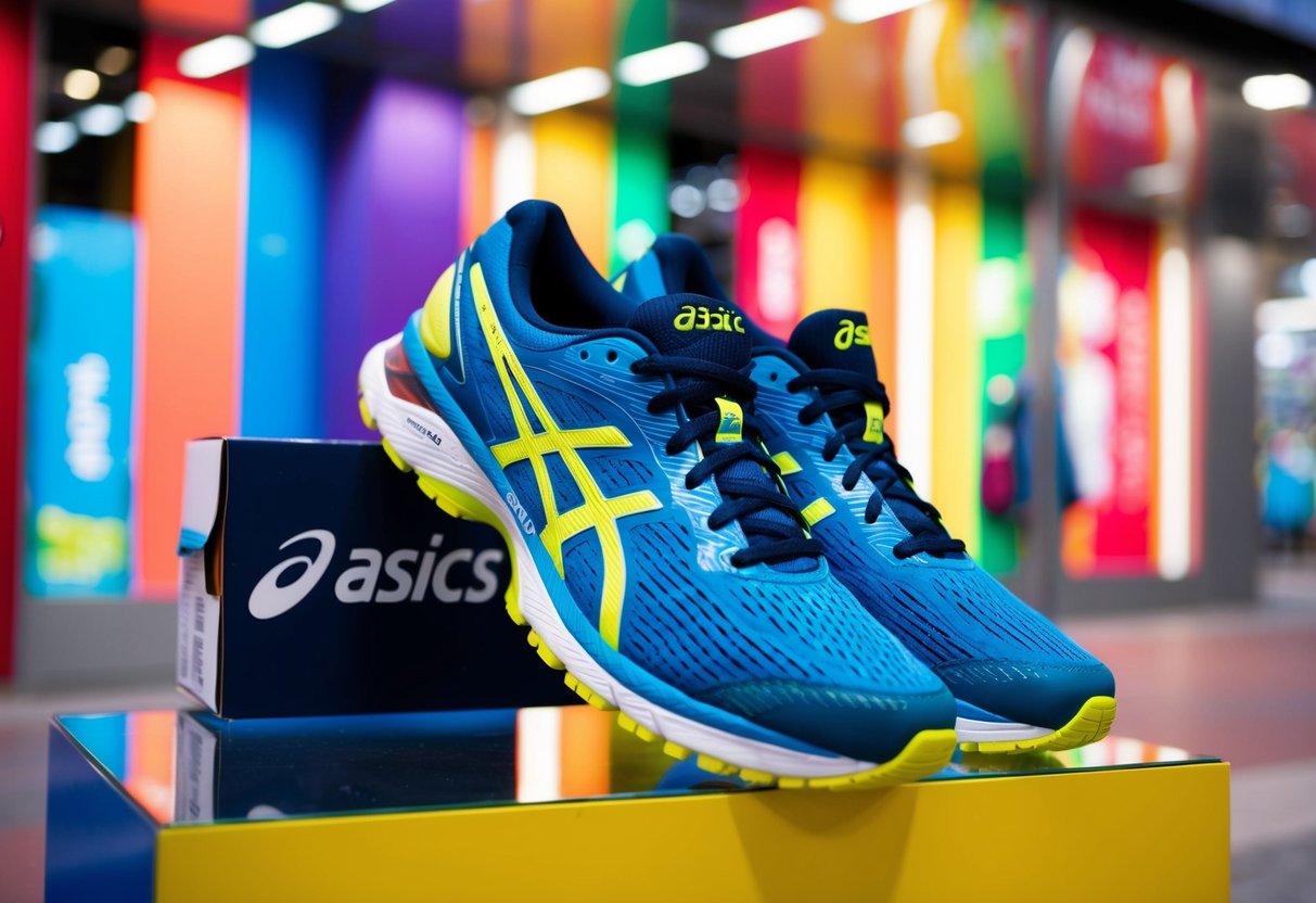 A pair of ASICS Gel-Kayano 30 running shoes displayed on a vibrant, modern store front in Singapore