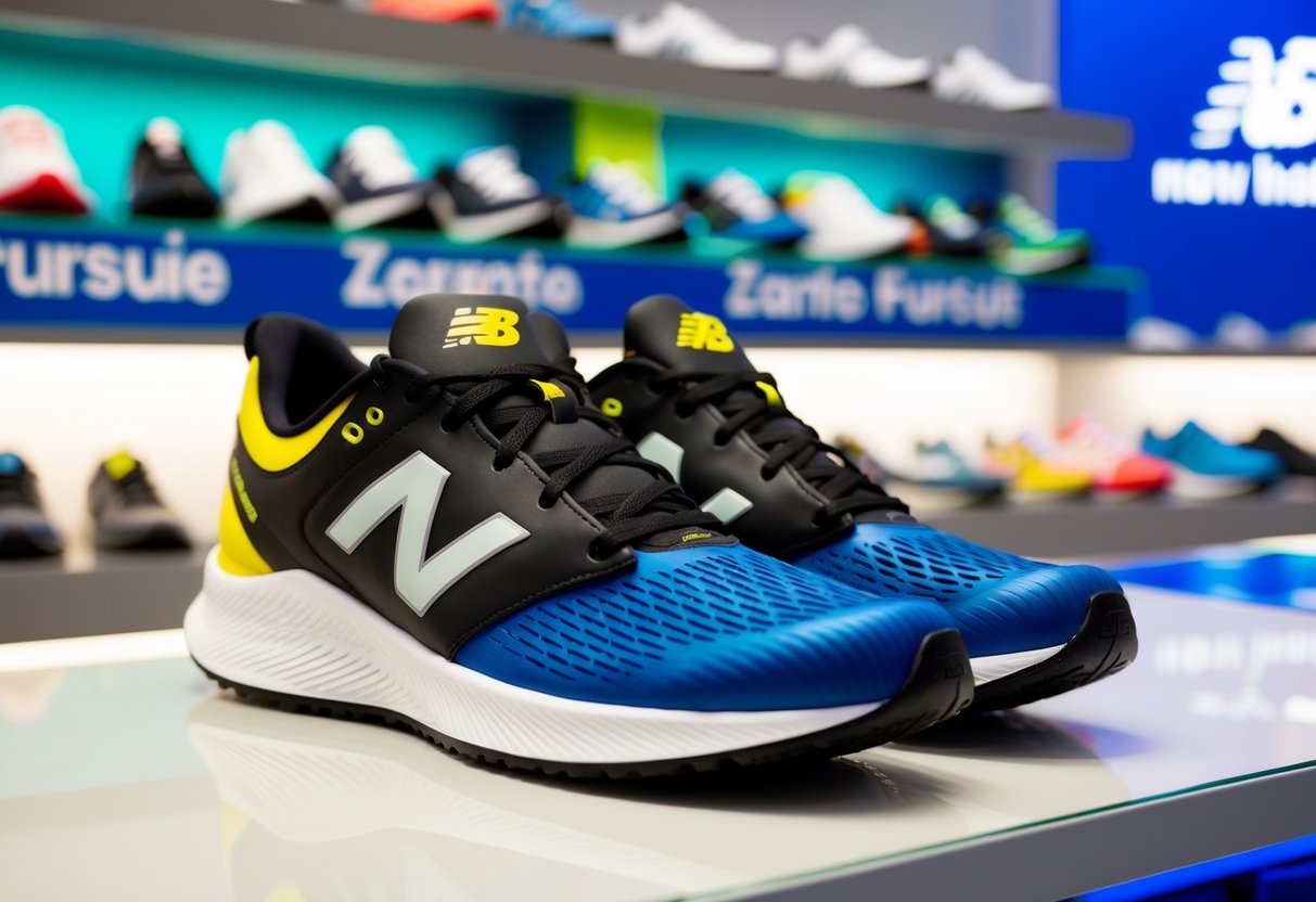 A pair of New Balance Fresh Foam Zante Pursuit running shoes displayed on a vibrant, modern store shelf in Singapore