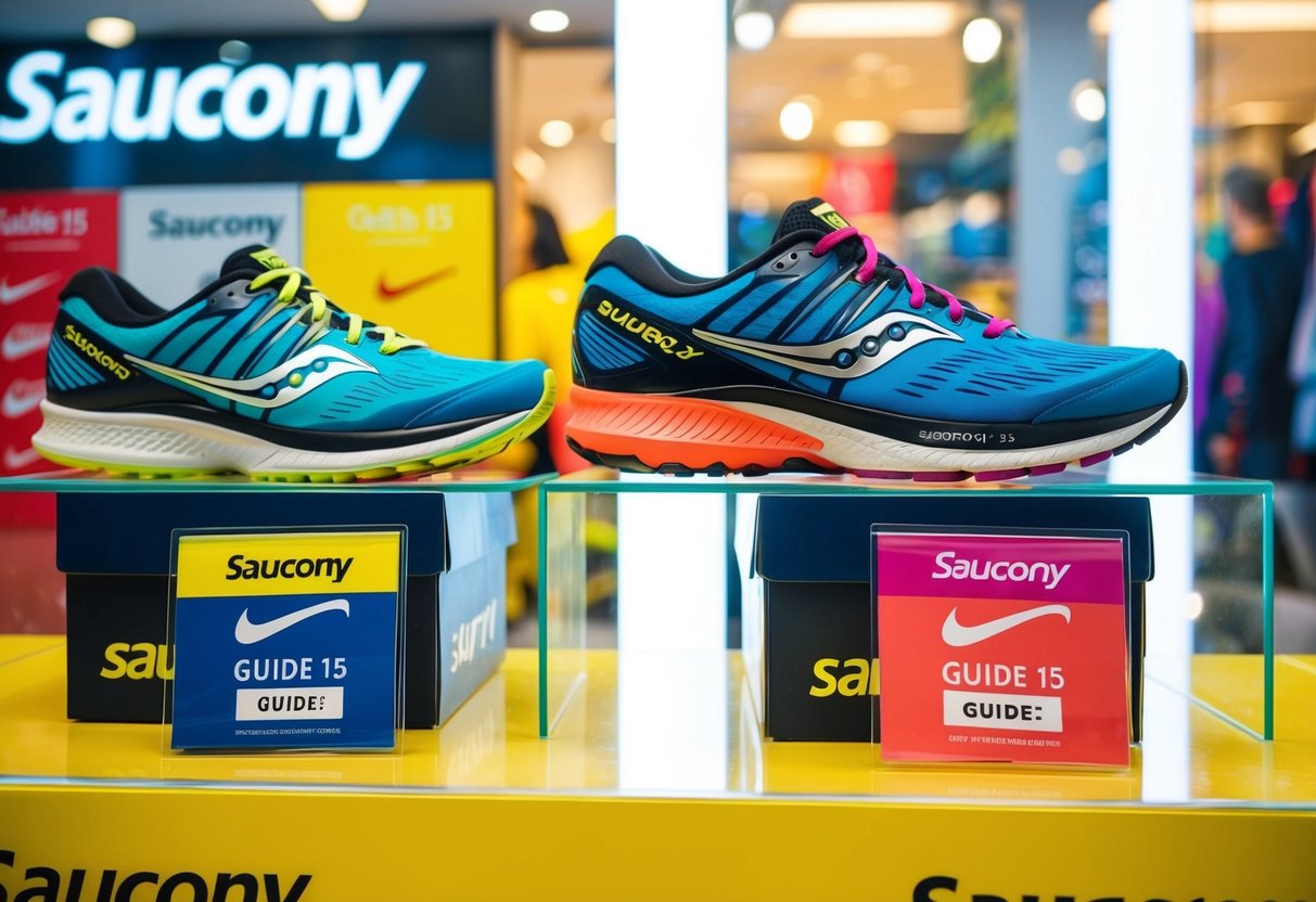 A colorful display of Saucony Guide 15 running shoes in a Singapore store window, with promotional signs and bright lighting