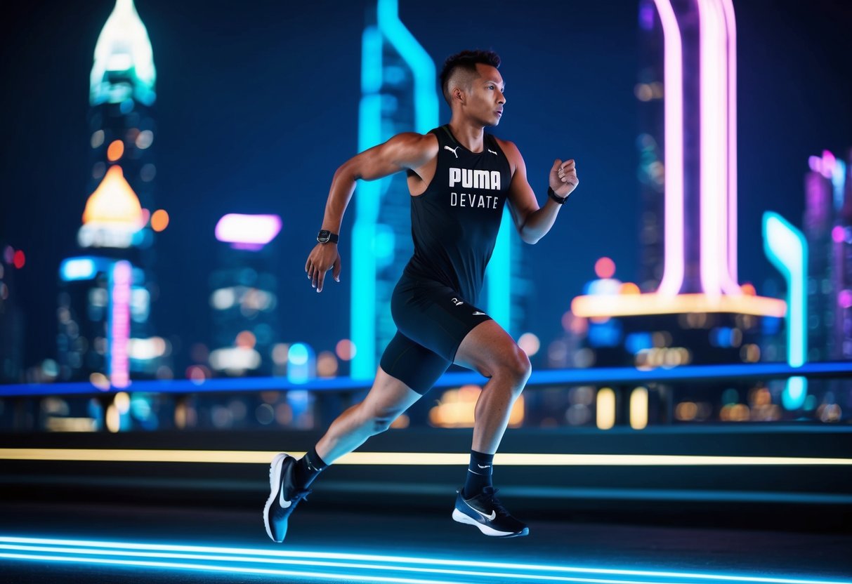 A runner wearing Puma Deviate Nitro Elite shoes sprints through a futuristic cityscape at night, with neon lights illuminating the skyline