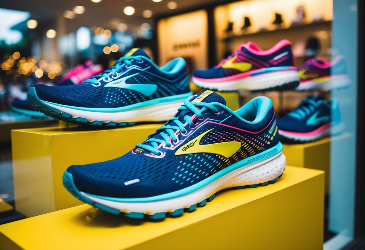 A colorful display of Brooks Ghost 14 running shoes in a Singapore store window