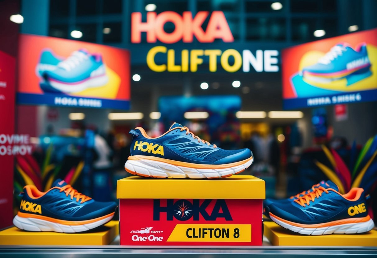A vibrant display of Hoka One One Clifton 8 running shoes in a Singapore store window, surrounded by promotional signs and colorful graphics
