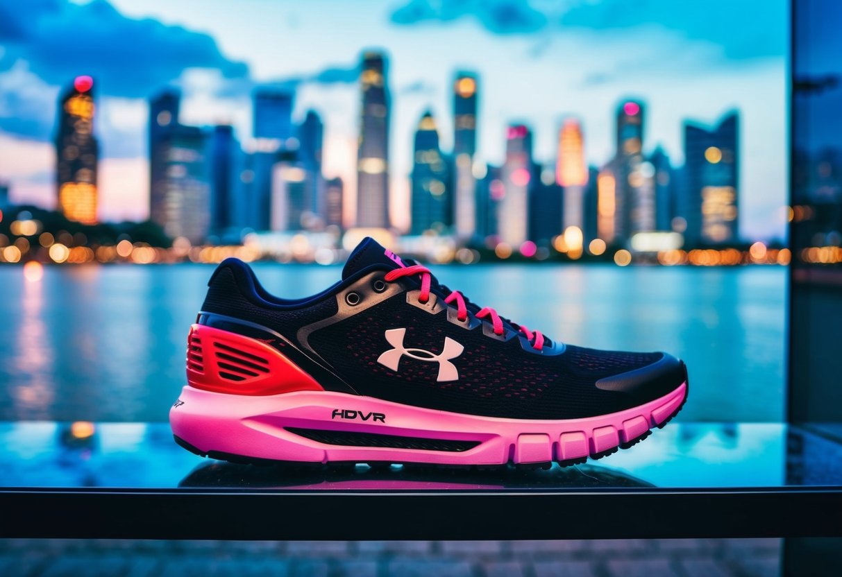 A vibrant cityscape with the iconic Singapore skyline in the background, featuring the Under Armour HOVR Sonic 4 running shoes prominently displayed in a storefront window
