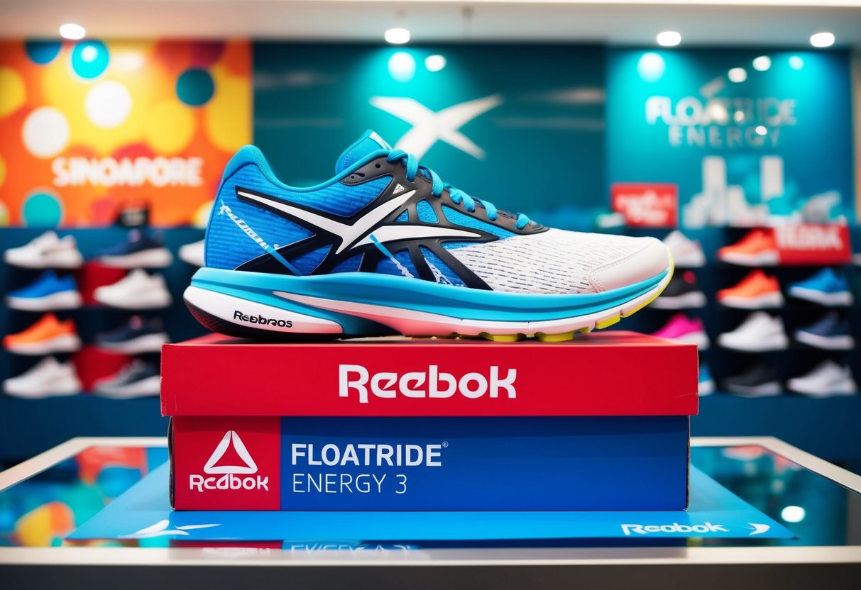 A pair of Reebok Floatride Energy 3 running shoes displayed on a vibrant and modern promotional set-up in a Singapore retail store