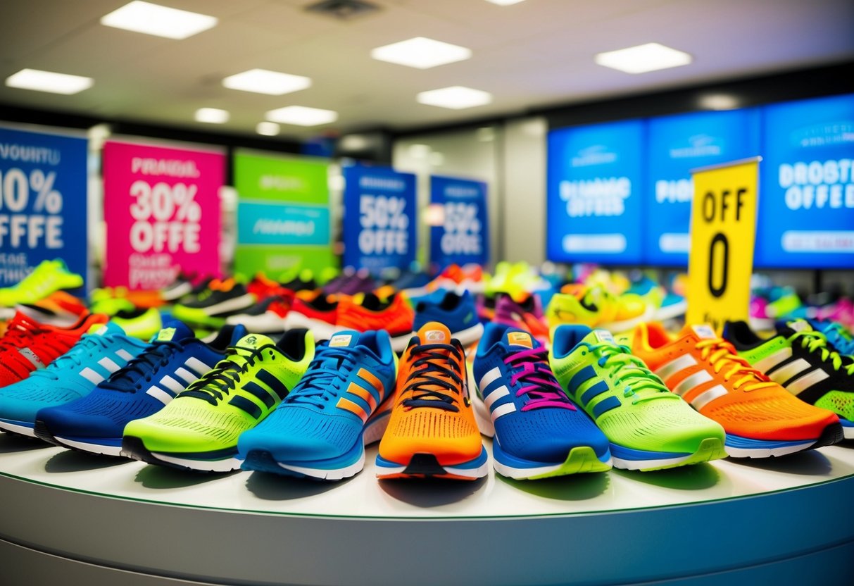 A display of colorful running shoes arranged in a dynamic and eye-catching manner, with promotional banners and signs highlighting discounts and special offers