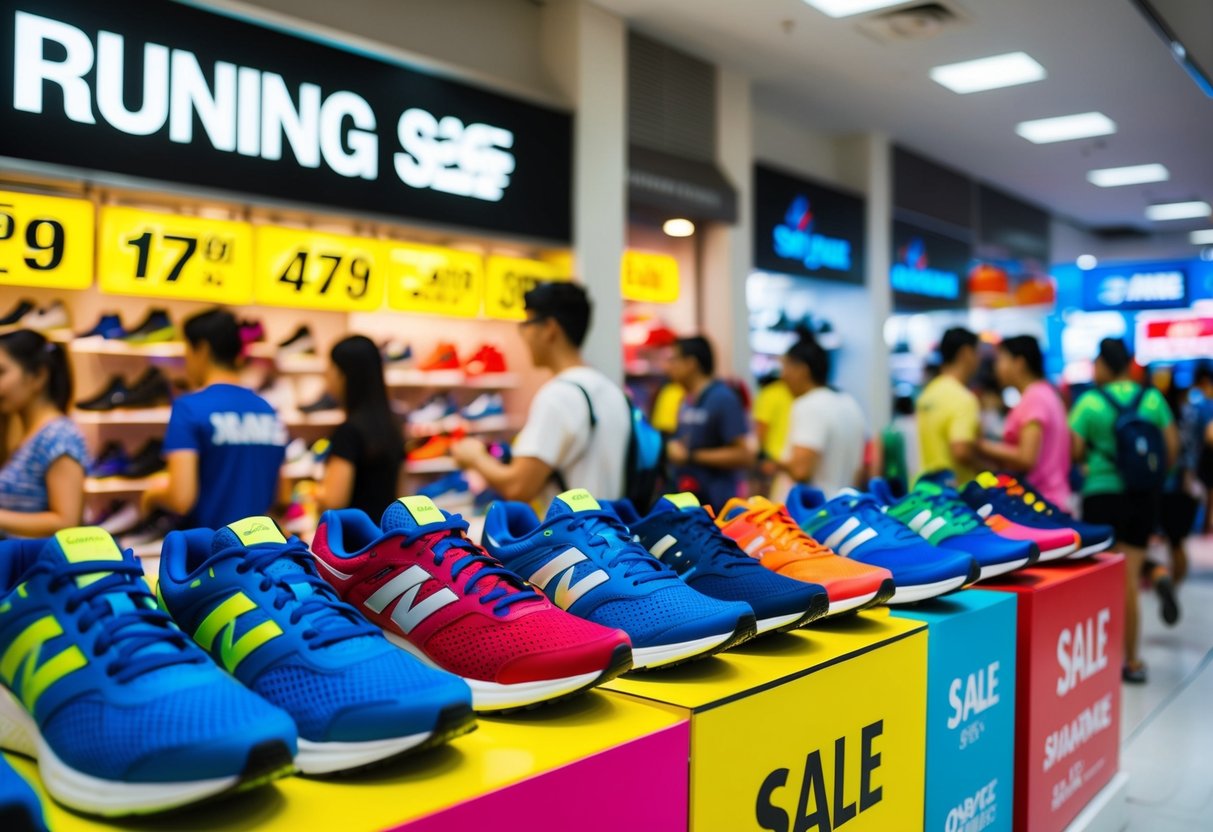 A colorful display of running shoes on sale in a bustling Singapore store. Bright signage and discounted prices draw in customers