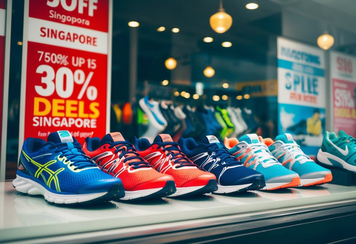 A display of various running shoes in a store window, with promotional signs and banners advertising discounts and deals in Singapore