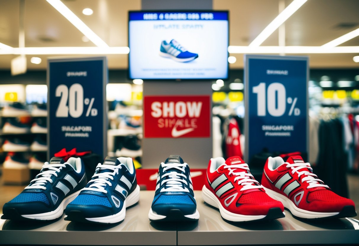 A display of running shoes with promotional signs in a busy Singapore store