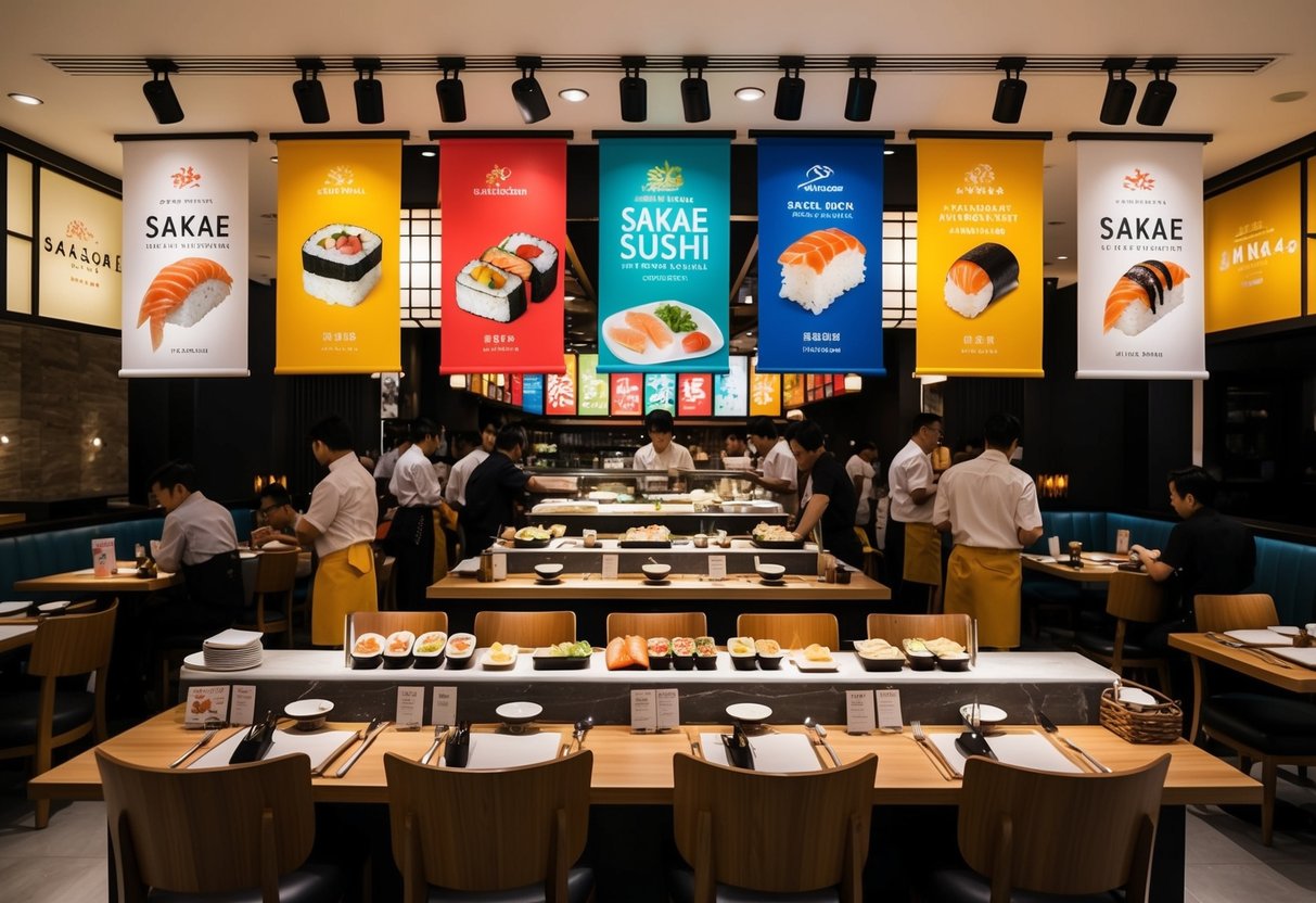 A bustling Sakae Sushi restaurant in Singapore with colorful promotional banners and a lively atmosphere