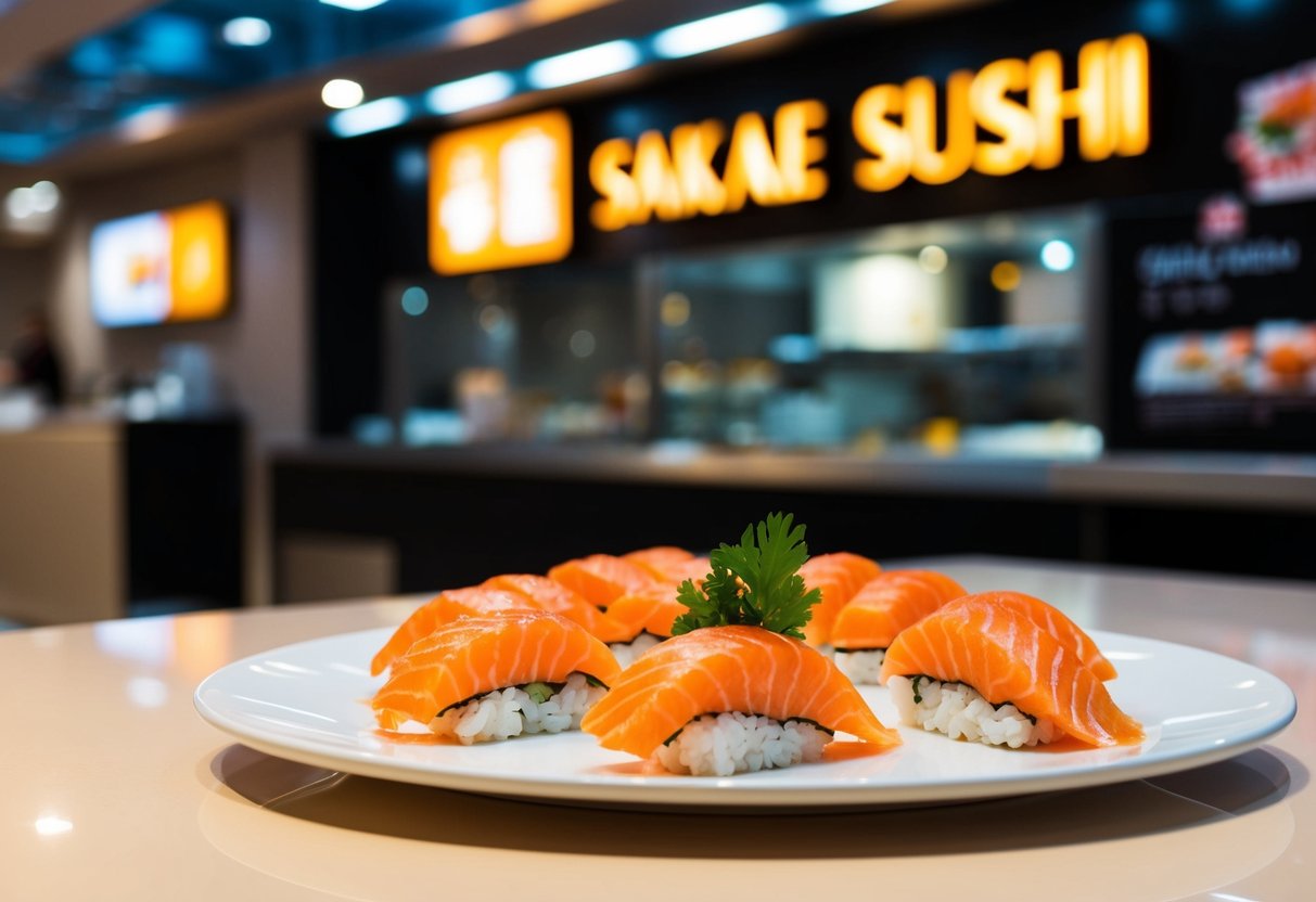 A plate of salmon sushi bites arranged in a promotional display at a Sakae Sushi restaurant in Singapore