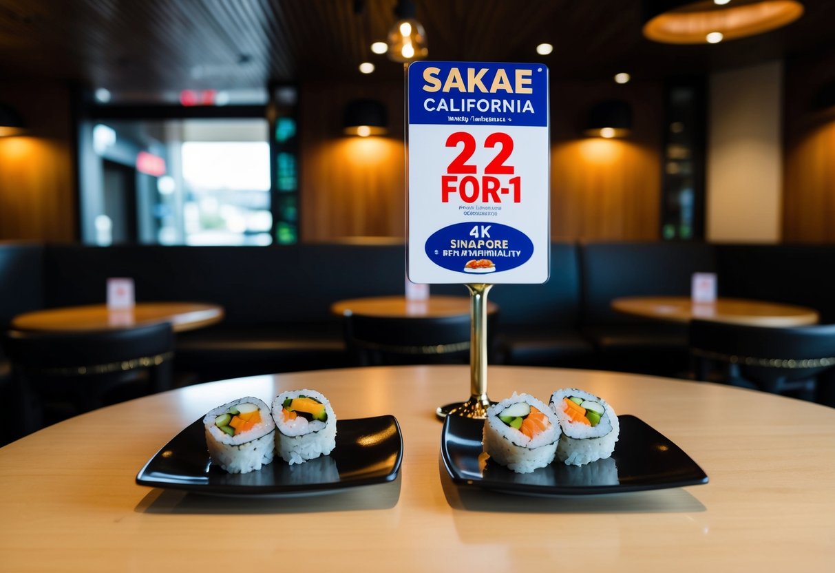 A table with two plates of California rolls at a Sakae Sushi restaurant, with a promotional sign indicating a 2-for-1 deal in Singapore