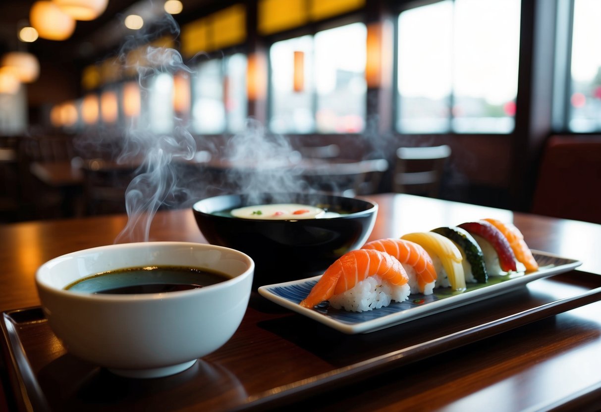 A steaming bowl of miso soup placed next to a colorful sushi platter on a sleek wooden table in a bustling Japanese restaurant