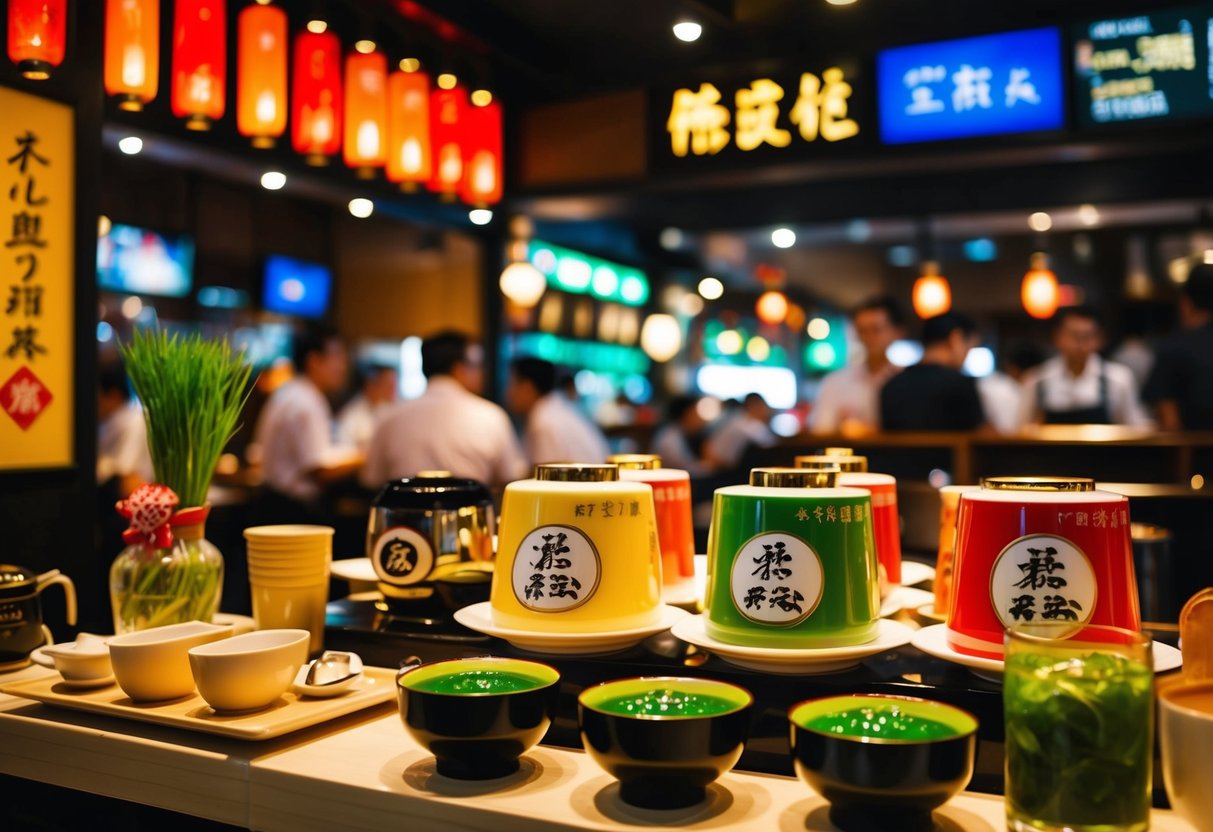 A bustling Japanese restaurant with vibrant green tea promotions and a lively atmosphere in Singapore