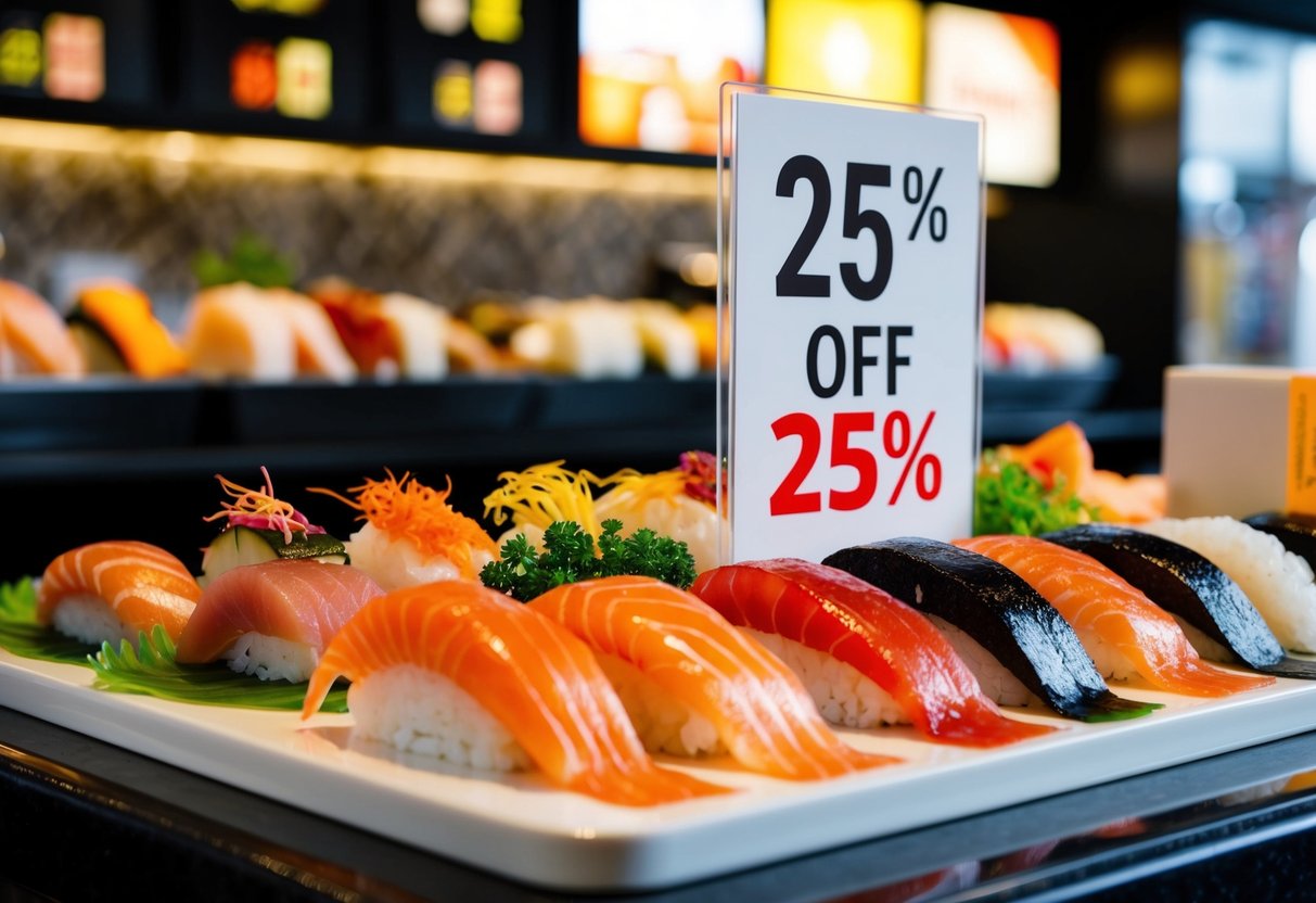 A colorful display of assorted sashimi platters with the "25% Off" promotion sign at Sakae Sushi in Singapore