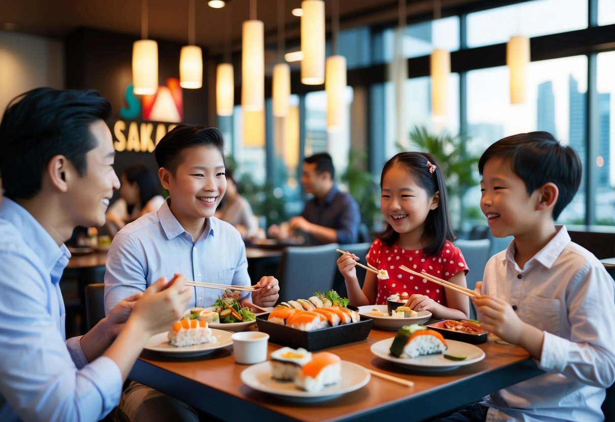 Families enjoying a meal at Sakae Sushi on a weekend, with kids eating for free as part of the restaurant's promotion in Singapore