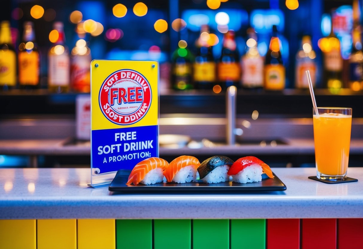 A colorful sushi bar with a vibrant atmosphere, featuring a free soft drink promotion sign