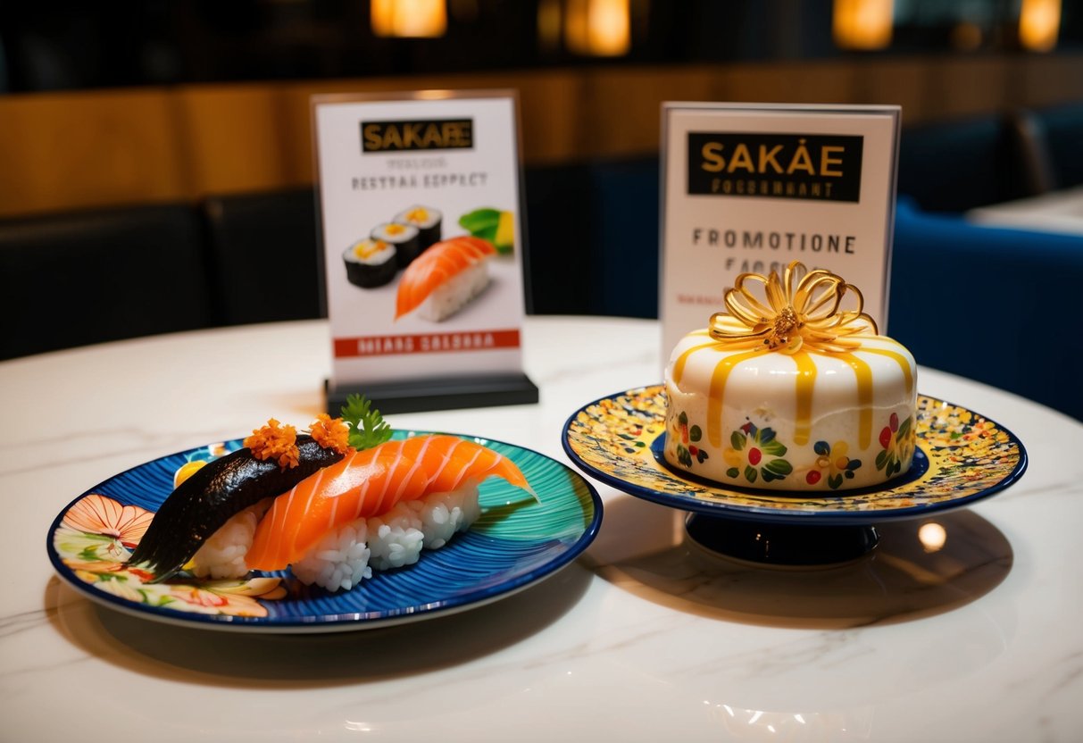 A colorful plate of sushi and a decorative dessert dish on a table at a Sakae Sushi restaurant, with promotional signage visible