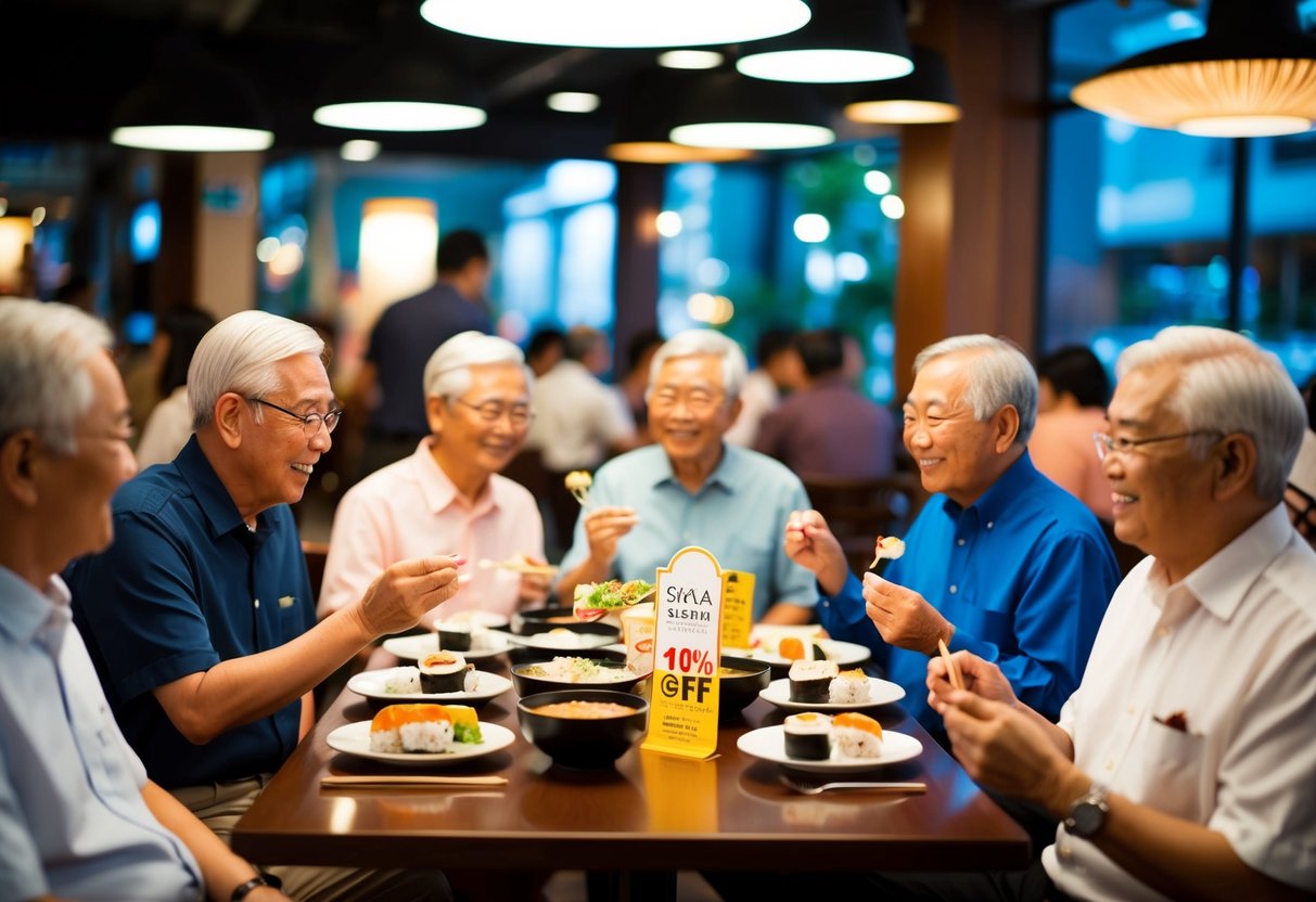 A group of seniors dine at Sakae Sushi, enjoying a 10% discount promotion in a bustling Singapore restaurant
