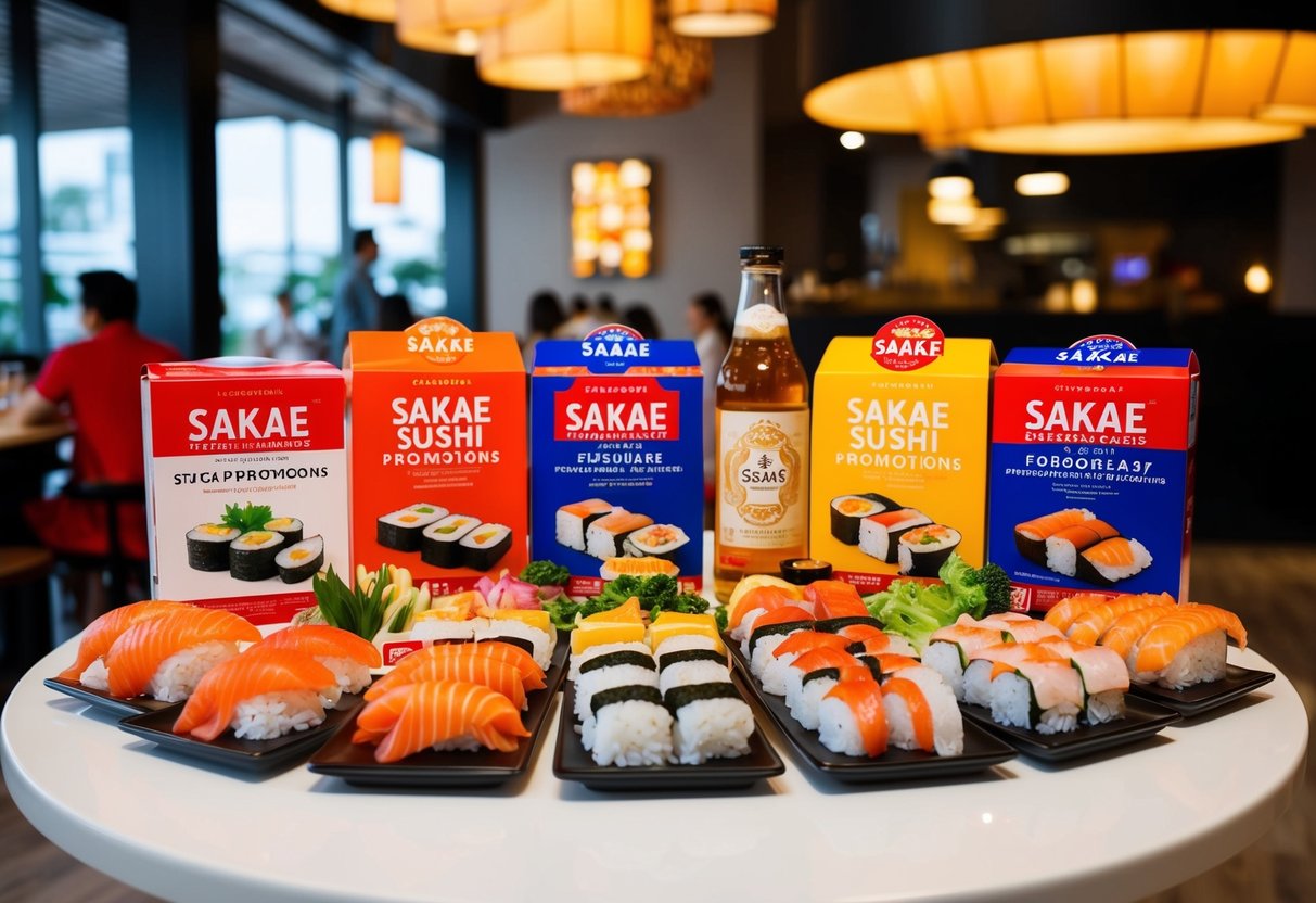 A table filled with vibrant and enticing Sakae Sushi promotions, showcasing a variety of Japanese dishes and beverages in a Singaporean setting