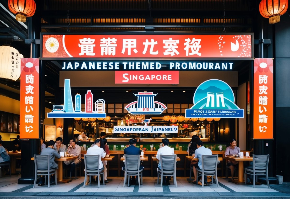 A bustling Japanese restaurant with Singaporean-themed promotions, featuring iconic landmarks and cultural elements