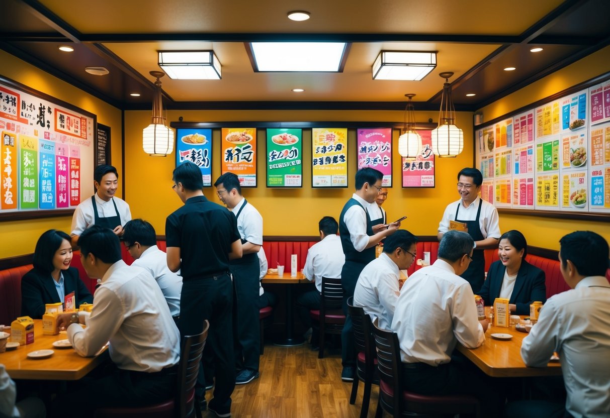 A bustling Japanese restaurant with colorful promotions displayed on the walls and tables, customers eagerly asking staff about the offers