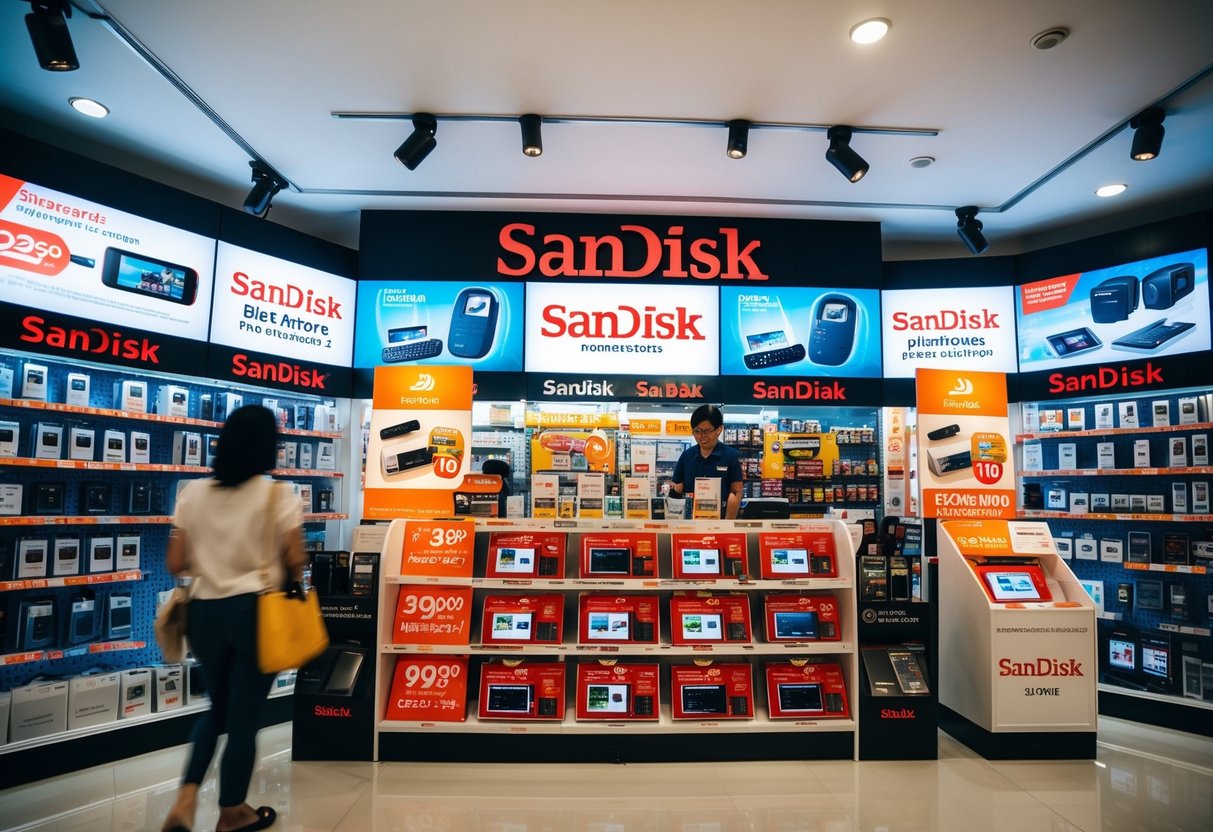 A bustling electronics store in Singapore displays Sandisk products with eye-catching promotions