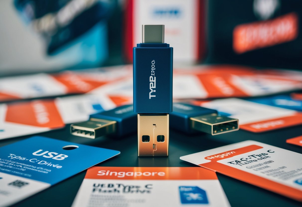 A modern USB Type-C flash drive surrounded by promotional materials in Singapore