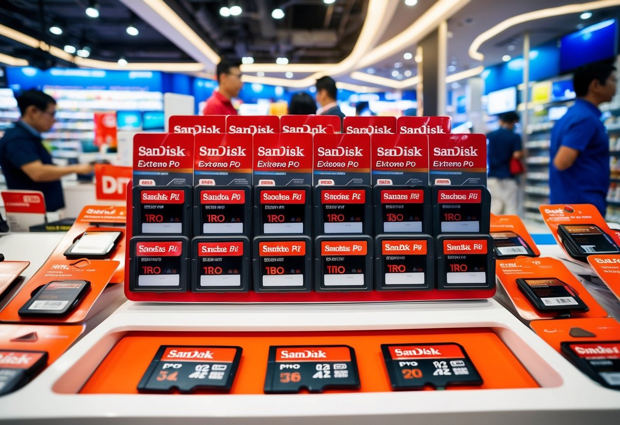 A colorful display of SanDisk Extreme PRO SD UHS-I Cards surrounded by promotional materials in a bustling electronics store in Singapore