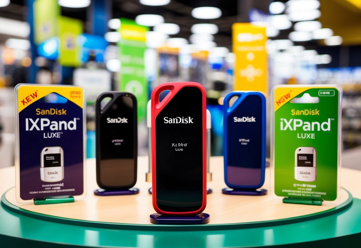 A sleek SanDisk iXpand Flash Drive Luxe is displayed among other promotional items in a vibrant Singaporean electronics store