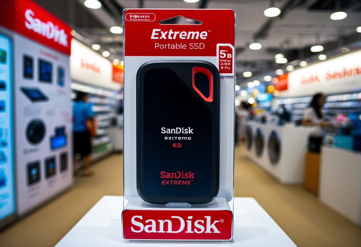 A sleek SanDisk Extreme Portable SSD displayed with promotional signage in a bustling Singapore electronics store