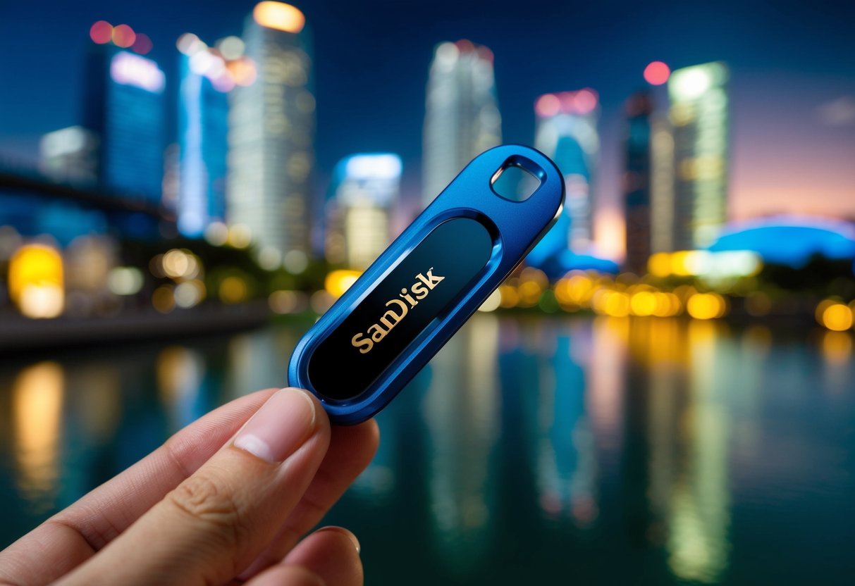 A sleek SanDisk Ultra Fit USB 3.1 Flash Drive is being promoted in a vibrant Singapore setting