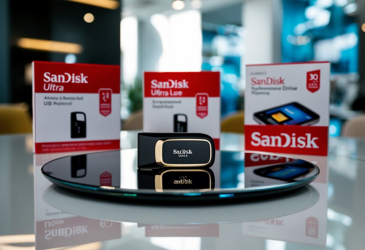 A sleek SanDisk Ultra Luxe USB 3.1 Flash Drive sits on a reflective surface, surrounded by promotional materials in a modern Singapore setting