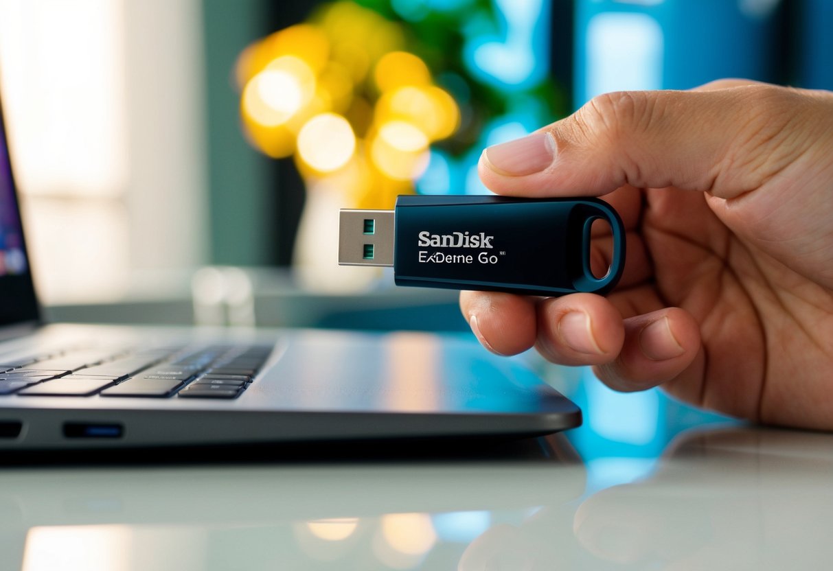 A SanDisk Extreme Go USB 3.1 Flash Drive is being plugged into a computer in a brightly lit room in Singapore