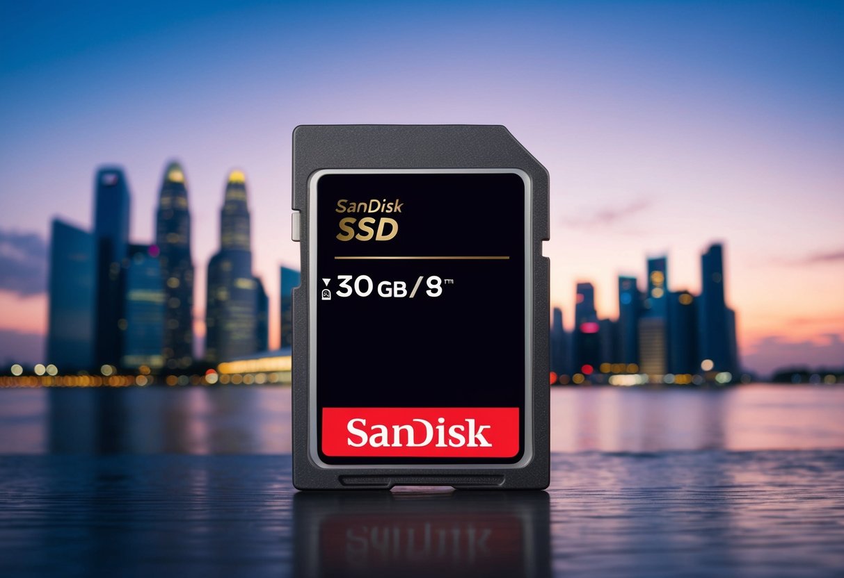 A sleek, modern SSD device with the SanDisk logo featured prominently, set against a backdrop of the Singapore skyline at dusk