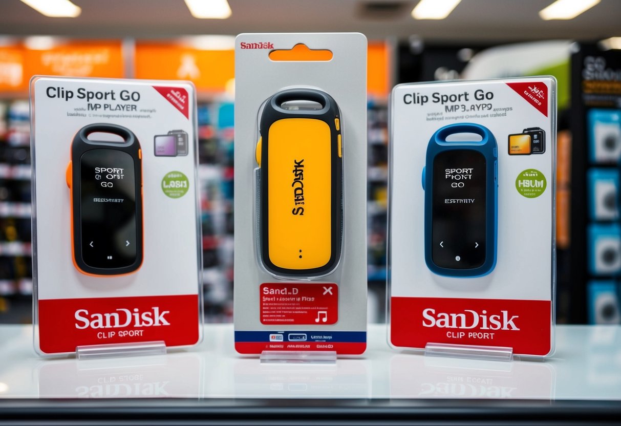 A SanDisk Clip Sport Go MP3 player displayed with promotional materials in a Singaporean electronics store