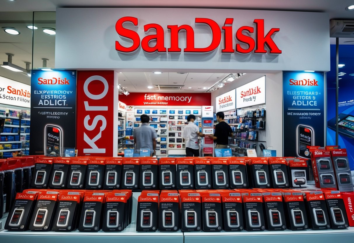 A bustling electronics store in Singapore displays a variety of SanDisk flash memory products with promotional banners and signs