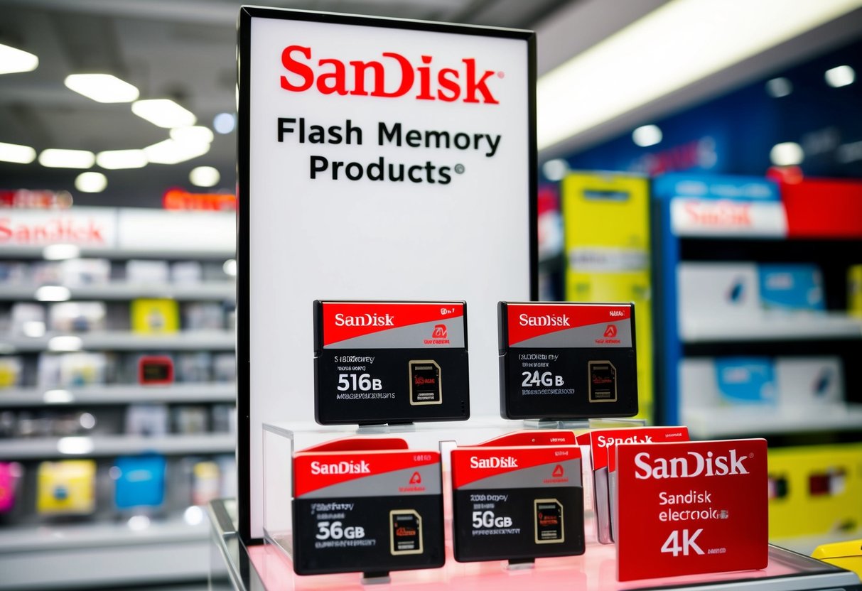 A display of Sandisk flash memory products with promotional signs in a Singapore electronics store