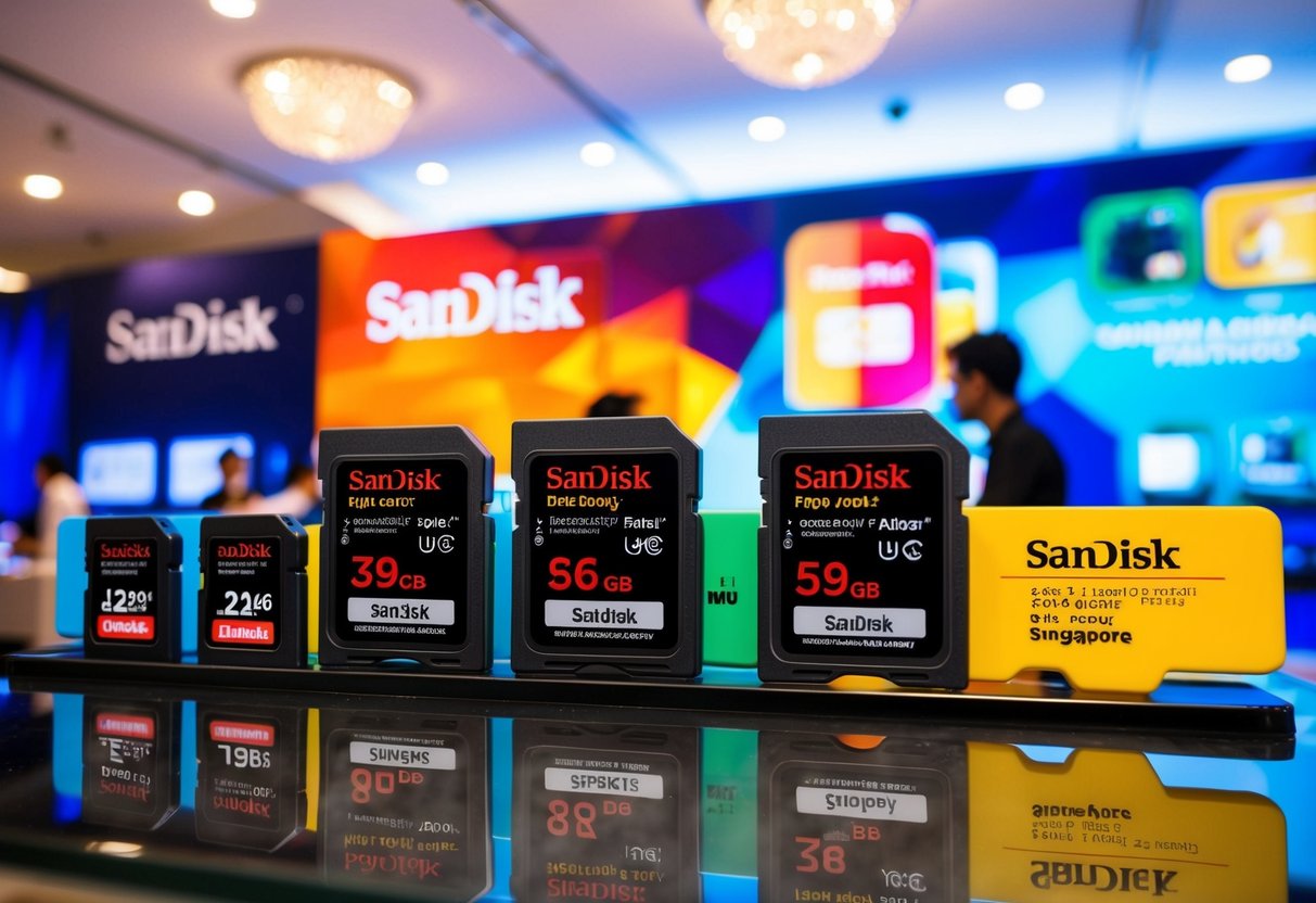 A colorful display of SanDisk flash memory products being showcased at a promotional event in Singapore
