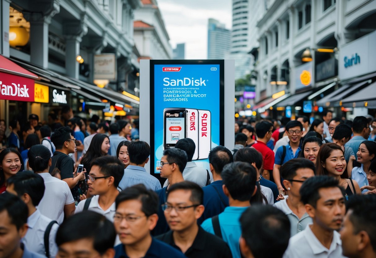 A crowded street in Singapore with a prominent Sandisk promotion display surrounded by curious onlookers and potential customers
