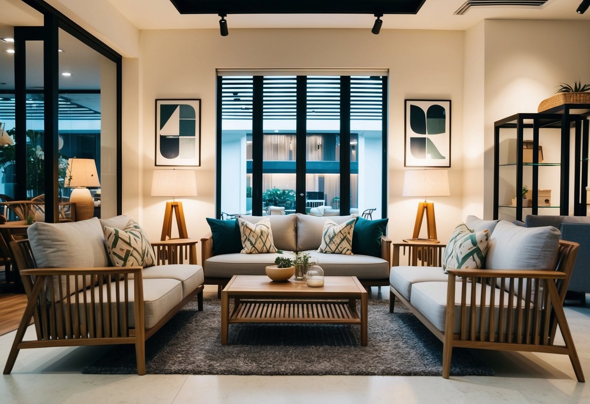 A cozy living room with scanteak furniture on sale in a modern Singapore store