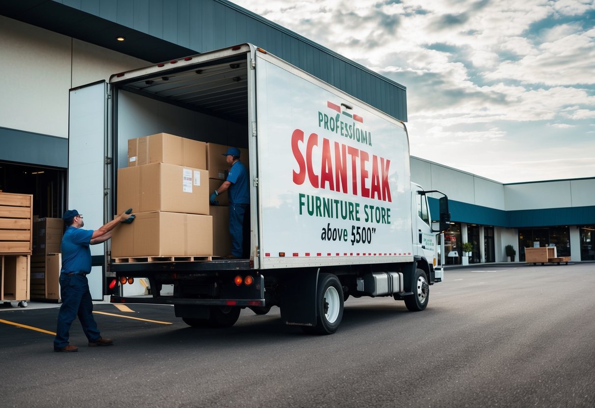 A delivery truck parked outside a Scanteak furniture store, with a worker unloading a large order above $500