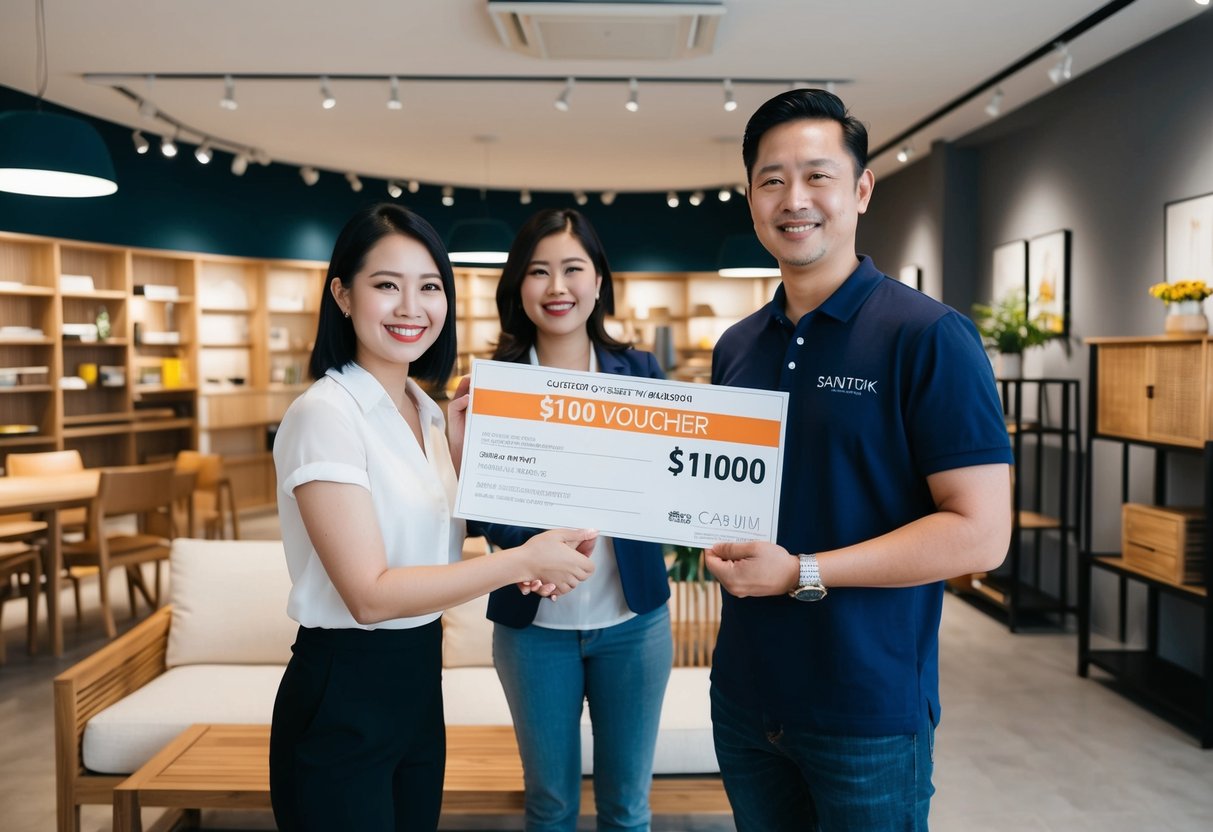 A customer receiving a $100 voucher with their purchase of $1000 worth of Scanteak furniture at the Singapore store