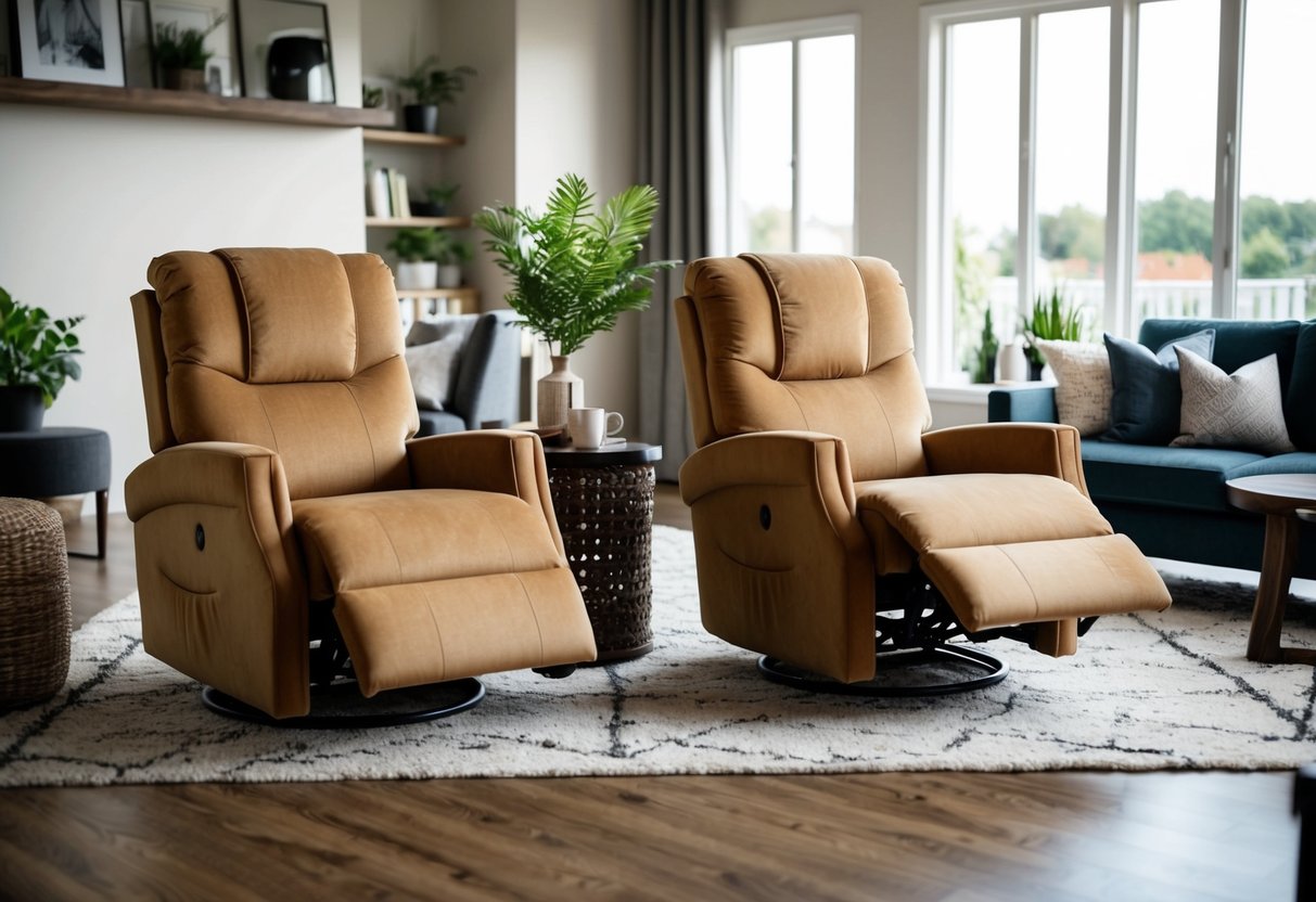A cozy living room with two scanteak recliners, one at full price and the other at 50% off, surrounded by stylish furniture