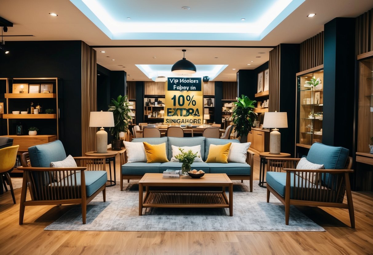 A cozy living room with Scanteak furniture on sale, VIP members enjoying an extra 10% discount in a bustling Singapore store