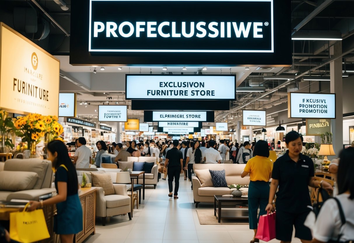 A bustling furniture store with bright signage and crowded aisles during an exclusive weekend promotion event in Singapore